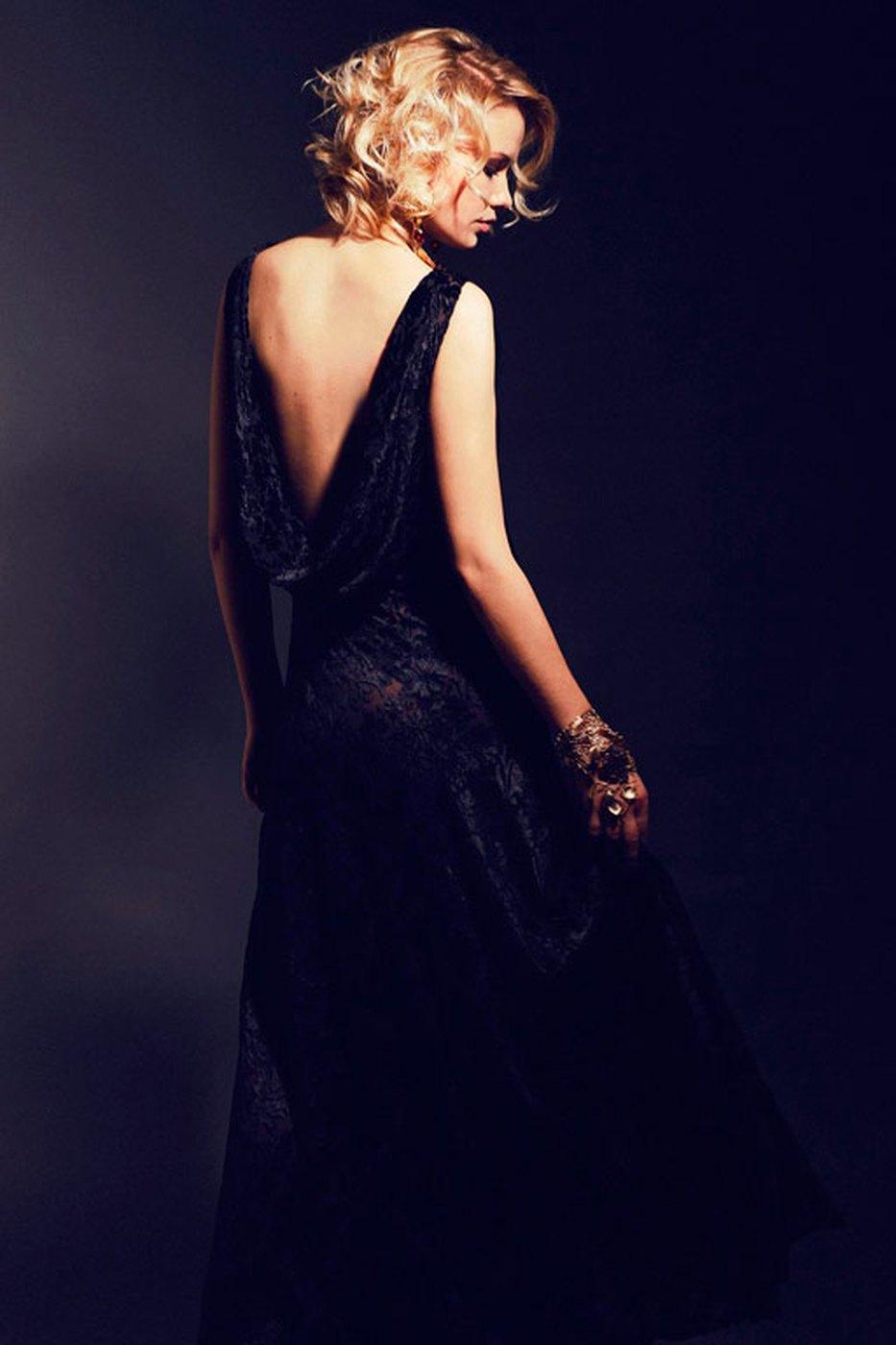 A backless black evening gown