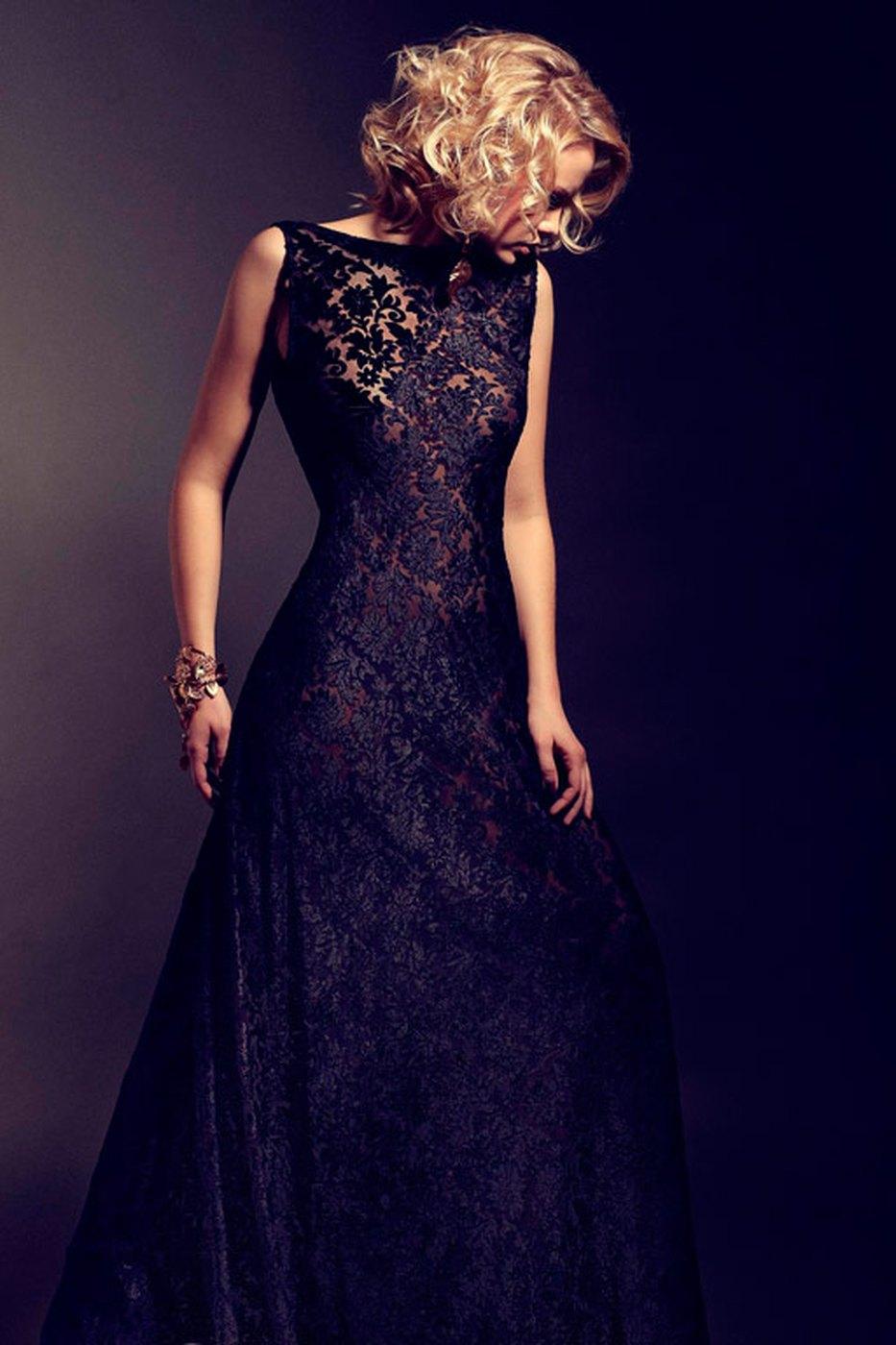 A full-length black lace gown